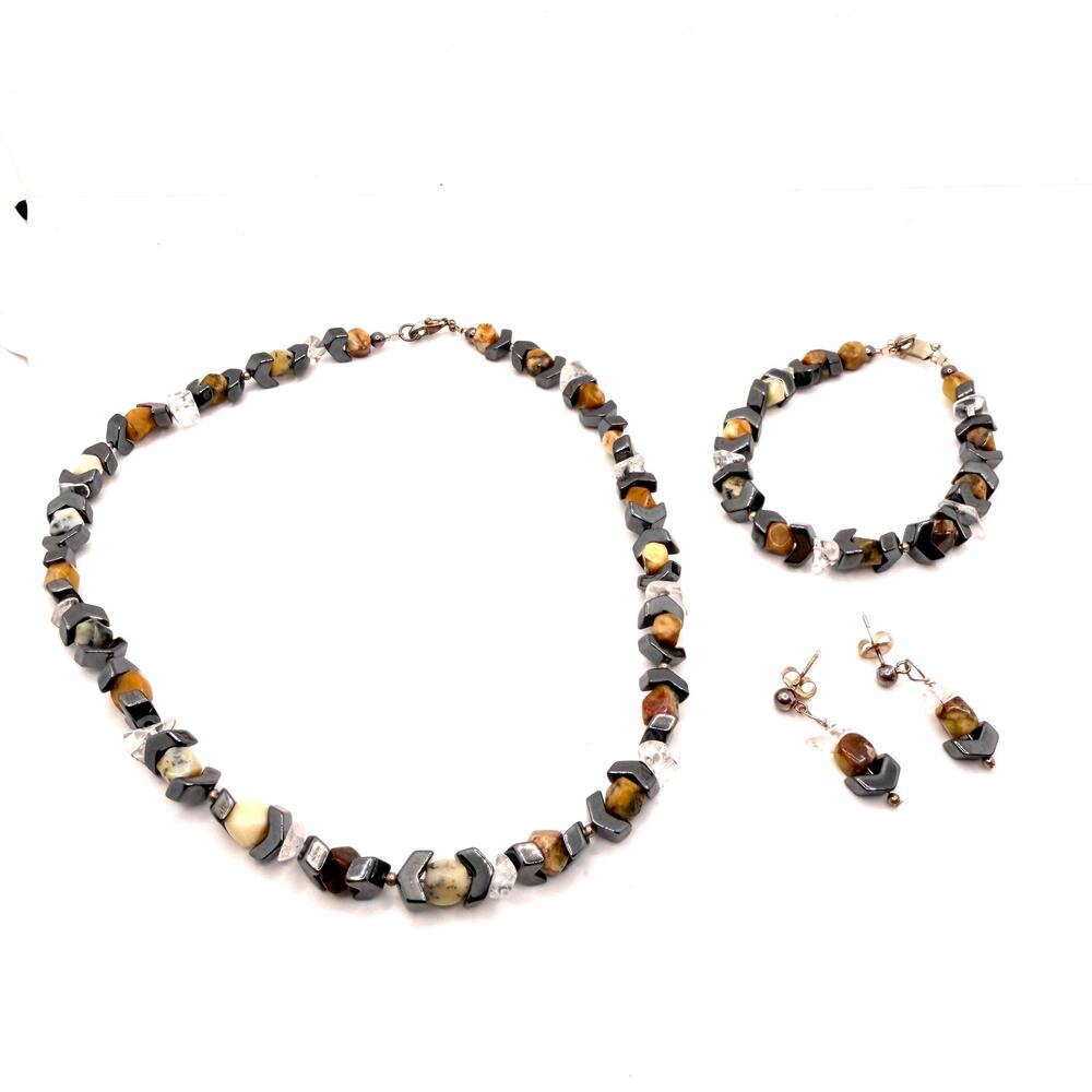 Vintage 90s Hematite Chevron Quartz Stone Necklace Bracelet Earring Set